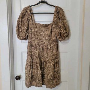 House Of Harlow 1960 Linen Blend Puff Sleeve Mini Dress Brown Size Small